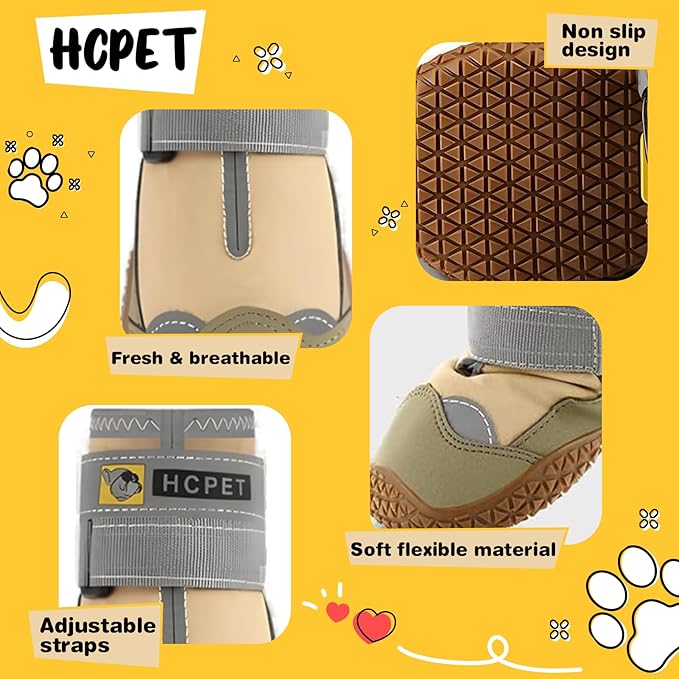 Hcpet Dog Shoes for Large Dogs, Waterproof Dog Booties for Small Medium Dogs, Anti-Slip Dog Boots & Paw Protectors for Hot Pavement Winter Snow Hiking with Reflective Straps Khaki Size 2