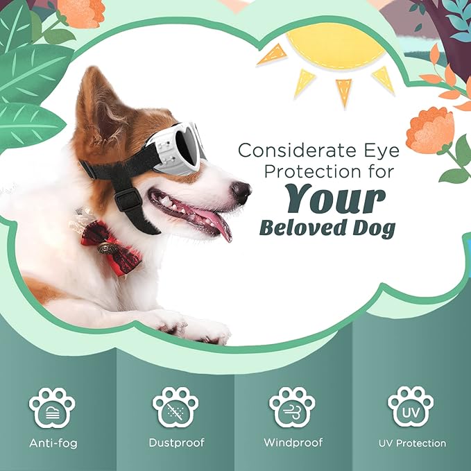 Small Dog Sunglasses UV Protection Goggles Eye Wear Protection with Adjustable Strap Doggy Heart Shape Anti-Fog Sunglasses for Pet Dogs Sun Glasses Doggie Windproof Glasses, White