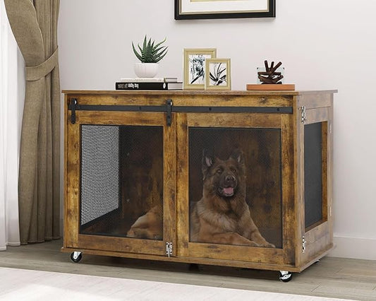 LINLUX 47 Inch Large Dog Crate Furniture, Wooden Heavy Duty XL Dog Kennel Indoor, Decorative Dog Cage Table for Large Dogs, with Sliding Doors, Wheels and Flip-top Plate, Rustic Brown