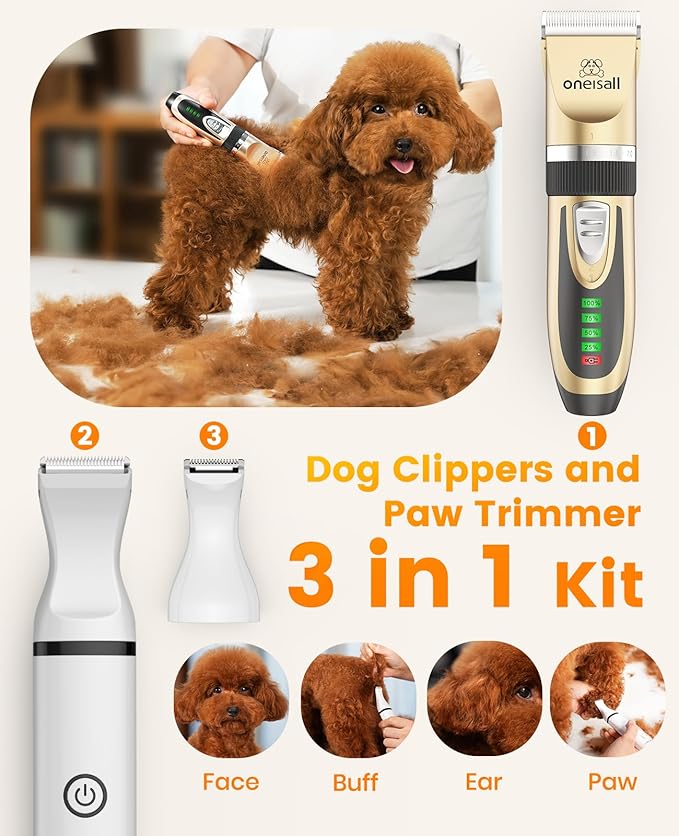oneisall Dog Clippers and Paw Trimmer Kit 2 in 1 Low Noise Cordless Dog Clippers for Grooming Pet Hair Trimmers for Small and Large Dogs Cats Animals