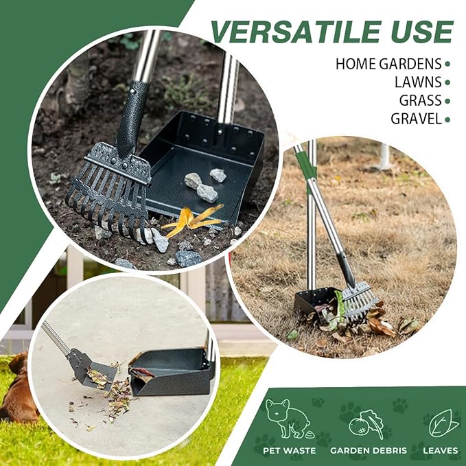 Pooper Scooper, Long Handle Dog Pooper Scooper, Heavy Duty Stainless Steel Rake with Tray & Spade Set for Pet Waste Removal, for Grass, Dirt or Gravel - Green