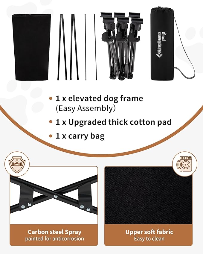 KingCamp Elevated Dog Bed for Large Dogs, Outdoor Raised Cooling Pet Cot Bed with Washable Breathable Mesh & No-Slip Feet Perfect for Camping, Backyard, Indoor Use (L, Black)