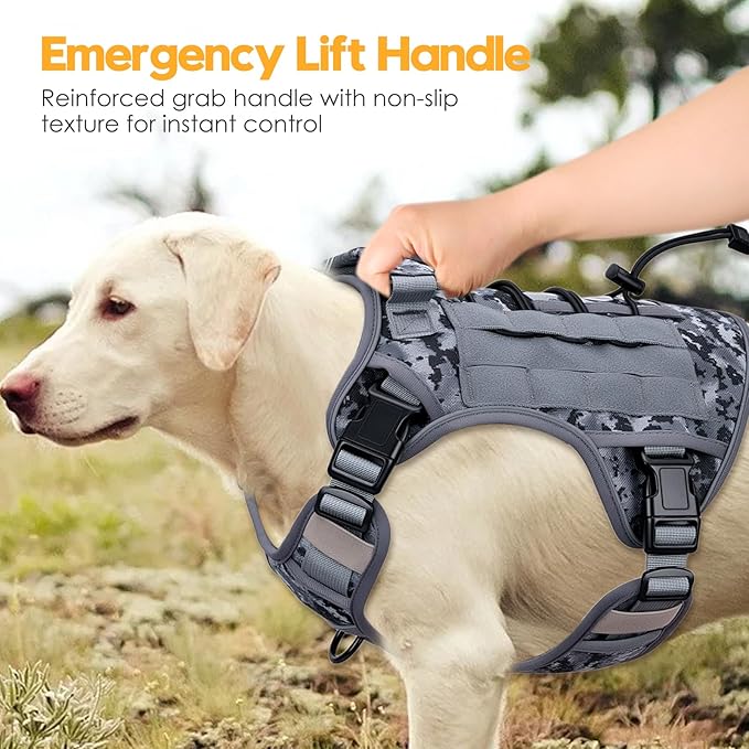 Heavy-Duty Tactical Dog Harness for Large Dogs, No Pull Adjustable Reflective Pet Vest with Molle System, K9 Military-Grade Control for Service Training, Outdoor & 10+ Breeds, Gray Camo, Large