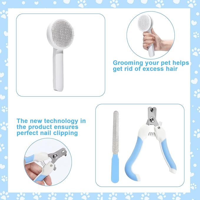 VCZONE 8 Pcs Cat Brush Grooming Kits, Pet Self Cleaning Kit with Pet Nail Clipper and File, Flea Comb, Pet Shampoo Bath Brush, Pet Shedding Brush, Silicone Toothbrush (Blue)