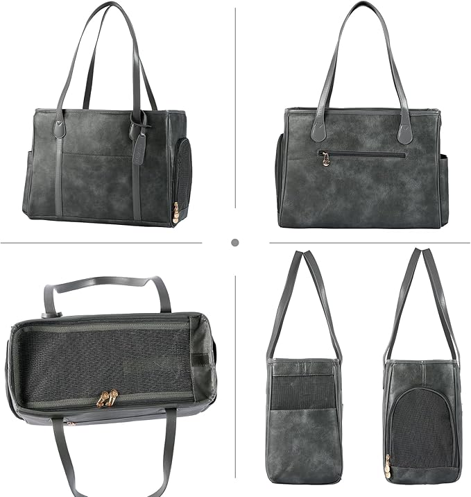 Stylish Dog Purse Carrier, Leather Pet Carrier Bag for Small Dogs Cats Puppy, Airline Approved Soft-Sided Carrier Grey