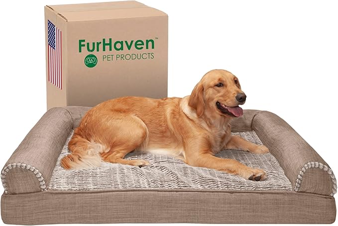Furhaven Cooling Gel Dog Bed for Large Dogs w/ Removable Bolsters & Washable Cover, For Dogs Up to 95 lbs - Luxe Faux Fur & Performance Linen Sofa - Woodsmoke, Jumbo/XL
