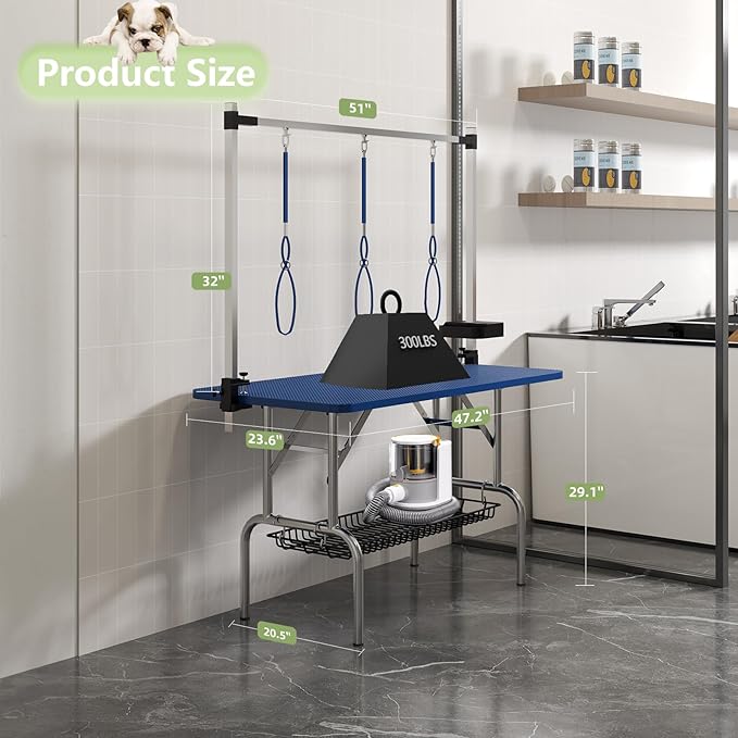VFK 47'' Large Dog Grooming Table Stainless Steel Foldable Grooming Table for Dogs at Home Adjustable Height Arms Pet Station with Nooses, Mesh Tray, Tool Organizer