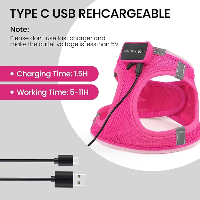 PceoTllar Light Up Dog Harness, LED No Pull Reflective Dog Harness, Flashing Lighted for Night Walking - Small/Medium, (Pink,L)