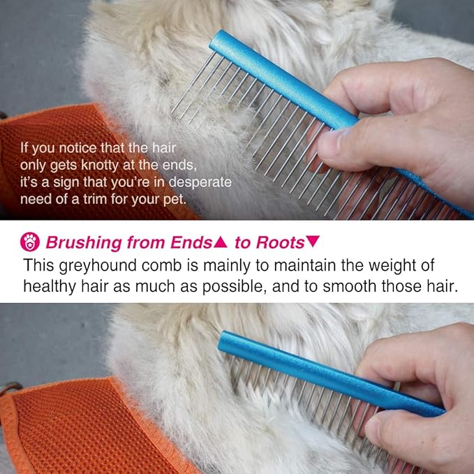 Greyhound Comb with Oval Handle for Dogs and Cats, Removing and Shedding Matted, Tangled Hair, Metal Comb with Stainless Steel Pins, Detangling Grooming Tool, Pet Comb (20% Fine Spacing)…