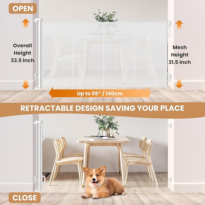 Reinforced Retractable Baby Gate or Mesh Dog Gate,Easy to Use for Stairs, Doorways, Hallways, Indoor, Outdoor, Wide Pet Gate 33.5" Tall, Extends to 55" Wide, White