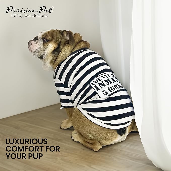 Parisian Pet XL Dog Shirt - Lightweight, Sleeved Black & White Stripes for Large Dogs - 100% Cotton & Polyester - Prisoner Dog Costume