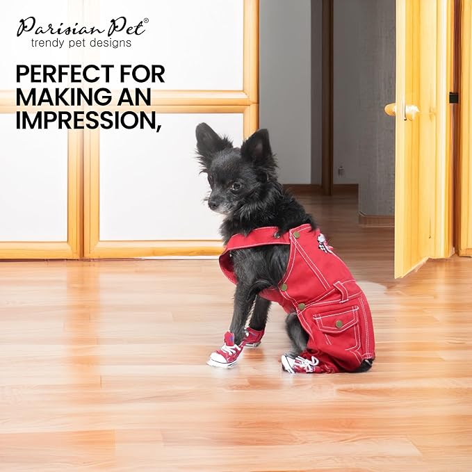 Parisian Pet Denim Dog Overalls - Embroidered 'Route 66' Red Jumpsuit - Breathable, Machine-Washable Medium Dog Costume