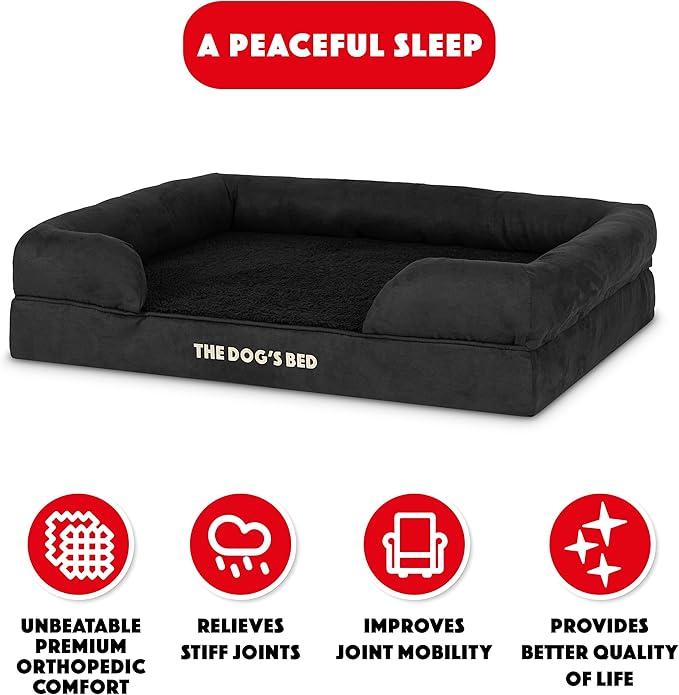 The Dog’s Bed, Large Black Faux PL 36x27, Memory Foam, Pain Relief: Arthritis, Hip & Elbow Dysplasia, Post Surgery, Lameness, Supportive, Calming, Waterproof Washable Cover, Veterinary Approved