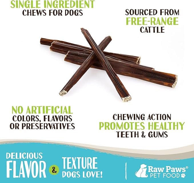Raw Paws Beef Gullet Sticks for Dogs, 6-inch (10 Pack) - Free-Range Cows Raised Without Antibiotics or Added Hormones - Gullet Sticks for Small to Large Dogs - Beef Esophagus Dog Treats