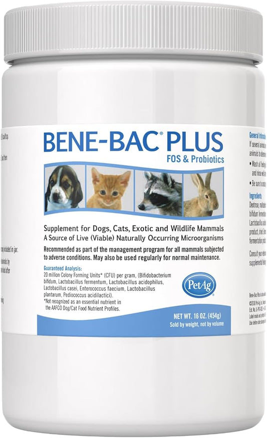 PetAg Bene-Bac Plus - 1 lb Powder - FOS & Probiotics for Dogs, Cats, Exotic & Wildlife Mammals