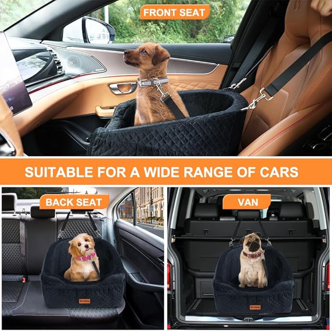 Vivifying Dog Car Seat for Small & Medium Dogs, Detachable & Washable Booster Seat for Pets Up to 30lbs, Travel Bed with Storage Pockets and Safety Belt – Black