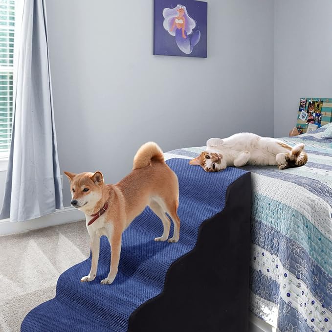 Dog Stairs&Steps for High Beds Up to 28'', 5-Step Dog Ramp for Small Medium Dogs with Washable Cover, Pet Steps for Cats to Get on Couch and Sofa, Durable Foam Ladders, 24.4" Tall, Blue