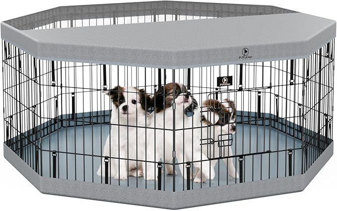 PJYuCien Dog Playpen, 8 Panels 24”H Dog Playpen Indoor with Grey Bottom Pad and Top Cover, Metal Foldable Dog Pen for Indoor Use, Only for Small Medium Animals, Grey