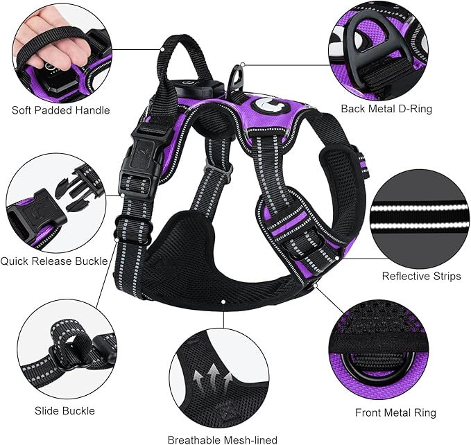 Taglory Light Up Dog Harness, Rechargeable No Pull Dog Vest with 3 Lightning Modes, Reflective Dog Harness with 2 Leash Clips & 4 Adjustable Slide Strips for Large Dogs, Purple-Orange, XL