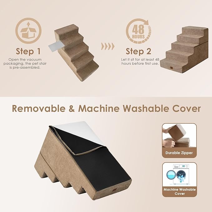 EHEYCIGA Dog Stairs for High Bed 25" H, 5-Step Extra Wide Dog Steps for Bed, Pet Steps for Small Dogs and Cats, Non-Slip Balanced Pet Ramp Indoor, Camel