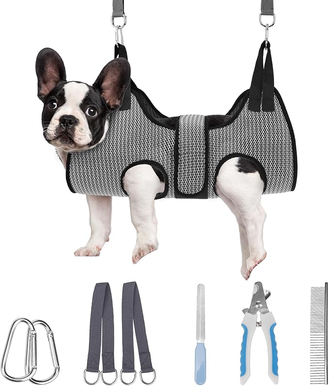 PAWCHIE Dog Grooming Hammock Harness for Dogs & Cats with Pet Nail Clipper Trimmer- Breathable Cat Hanger Sling for Trimming Clipping Nails-Dog Hammock Restraint Bag for Small Medium Large Dog, Grey S