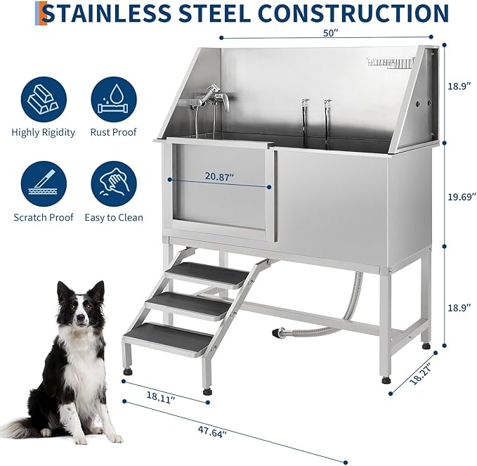 Stainless Steel Dog Washing Station - Dog Bath Tub for Large, Medium, Small Dogs, Pet Grooming Tub with Ramp, Non-Slip Grate, Shower, Soap Box, Faucet, Drain for Home & Outdoor （Left RAMP, 50"）