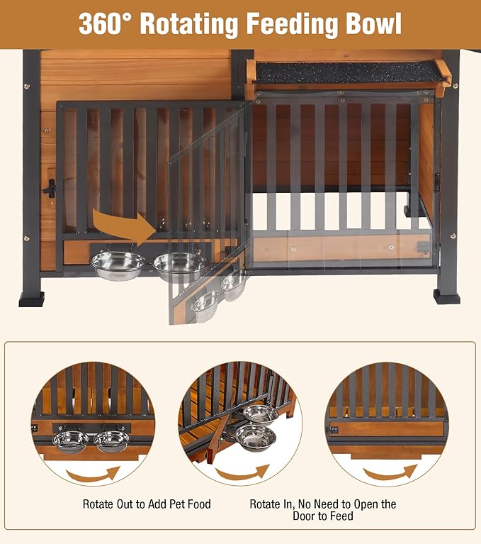 GUTINNEEN Dog House Outdoor with Anti-Chewing Metal Frame, Wooden Dog Kennel with 360° Rotating Feeding Bowl, Weatherproof Roof, for Indoor & Outdoor Use - Natural Wood Color