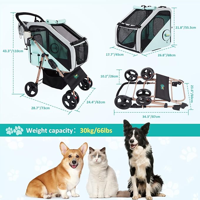Ownpets Pet Stroller with Upgraded 4 Wheels, Foldable Dog Stroller for Medium Dogs and Cats Up to 66lbs, Detachable Carrier for Car Seat, with Storage Organizer, Cup Holder