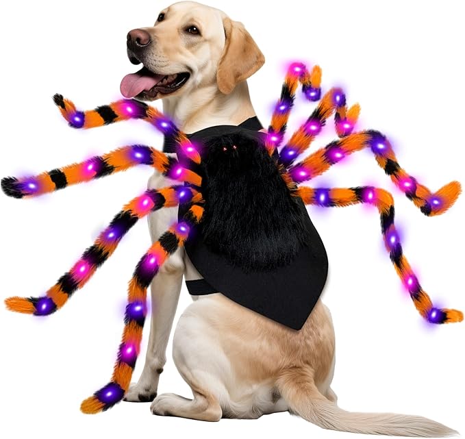 OurWarm Dog Halloween Costume for Large Dogs, 64 LED Furry Giant Dog Spider Costume Funny Pet Halloween Costumes for Big XL Large Breed Pet Party Cosplay Decor(Orange)
