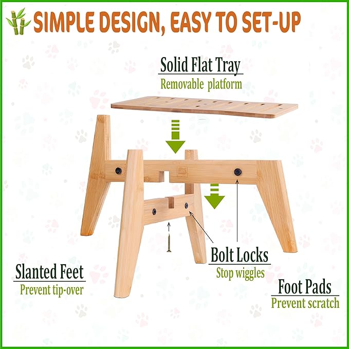 Dog Water Bowl Dispenser Stand - Compatible with Automatic and Gravity Water/Food Dispensers - Adjustable Width, Holds Various Sizes [See Photos for Measurements] - Bamboo
