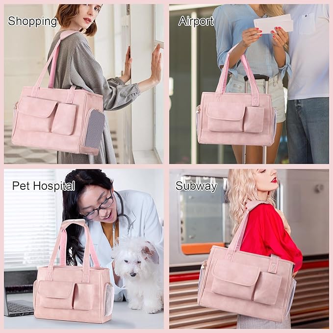 Dog Carrier Purse, Fashion Leather Pet Carrier Bag, Airline Approved Soft Sided Cat Travel Tote Bag with Pockets Pink