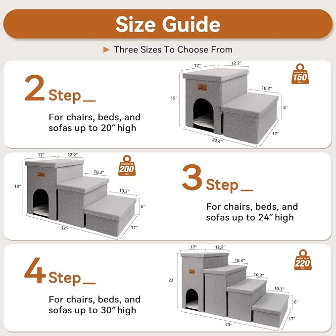 Dog Stairs 15" H, 2-Step Wider Dog Steps for Small/Medium/Large Old Dogs Cats, Folding Sturdy Storage Pet Stairs Climbing Bed Couch, Dog Ramp for Car Hold Up to 150 lbs(Gray, with Condo)