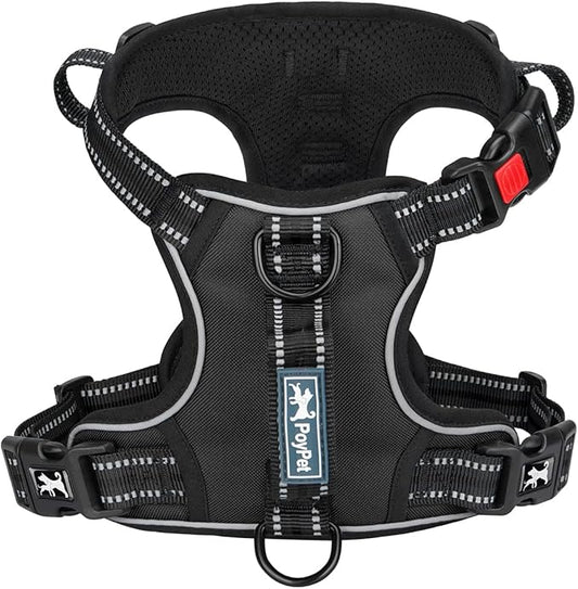 PoyPet No Pull Dog Harness, No Choke Front Clip Reflective Dog Vest with Soft Padded Vertical Handle, 3 Leash Attachments for Small Medium Large Dogs (Black,M)