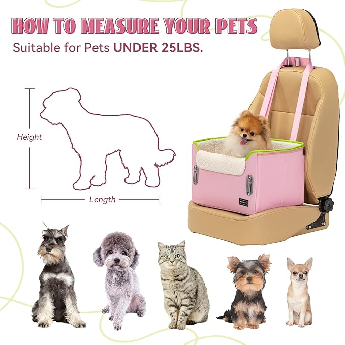 PETSFIT Small Dog Car Seat, Patent Safe Buckles Dog Booster Car Seat, Cat Car Seat with Safety Belt, Suitable for Small Pets Up to 25lbs (Pink)