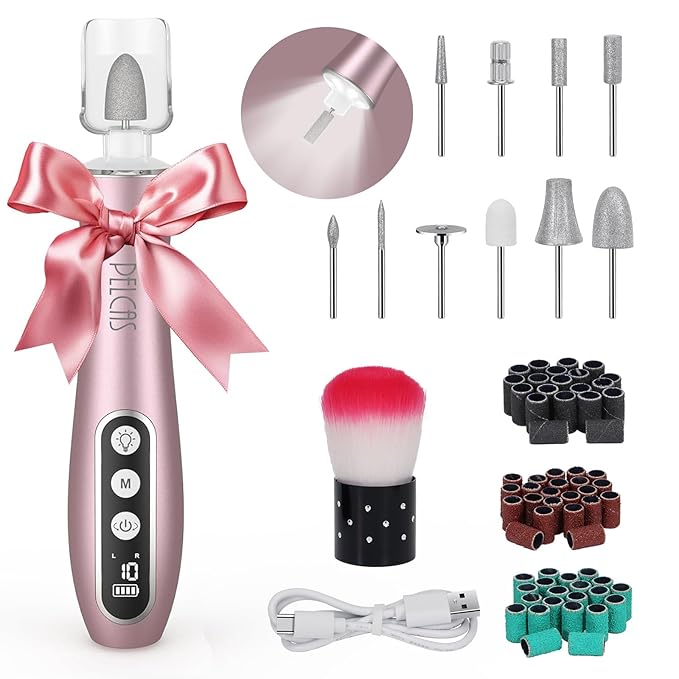 PELCAS Electric Nail File, 10 Speeds Cordless Nail Drill Kit with LED Light, Professional Nail Grinder with LCD Screen Portable e File for Human, Pet, Thick Toenails, Natural & Acrylic Nails Pink
