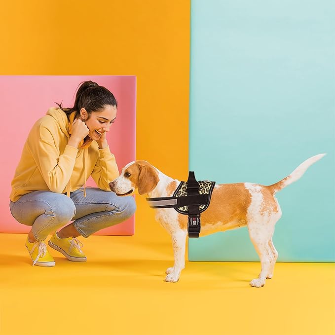 Dogline Dog Harness, Reflective No-Pull Adjustable Vest with Handle for Walking, Training, Breathable, No - Choke Harness for Small, Medium or Large Dogs Room for Patches Leopard Brown S 18"-24"