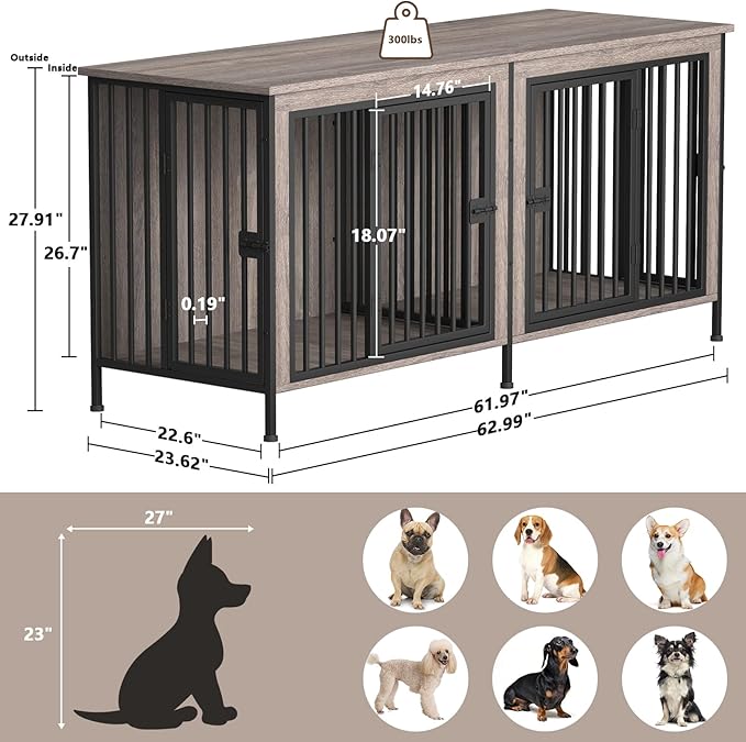 EasyCom 63" Dog Cage Furniture for 2 Pets with Divider, XL Wooden Double Dog Crate Furniture TV Stand for Mideum Breed, Durable and Sturdy