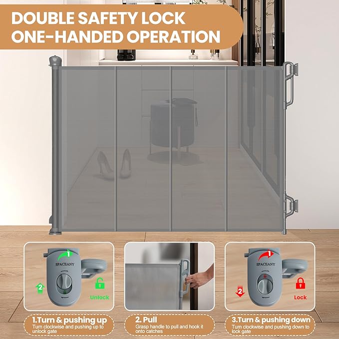 Reinforced Retractable Baby Gate, Mesh Dog Gate, Child Safety Gate for Doorways, Stairs, Hallways, Indoor/Outdoor, Wide Openings -33.5" Tall, Width up to 55" Gray