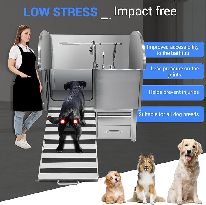 Professional Dog Grooming Tub, 50" Stainless Steel Dog Wash Station with Foldable Ramp, Storage Drawer, Floor Grate & Faucet/Dog Bathtub for Large, Medium & Small Pets - Left Door (50")