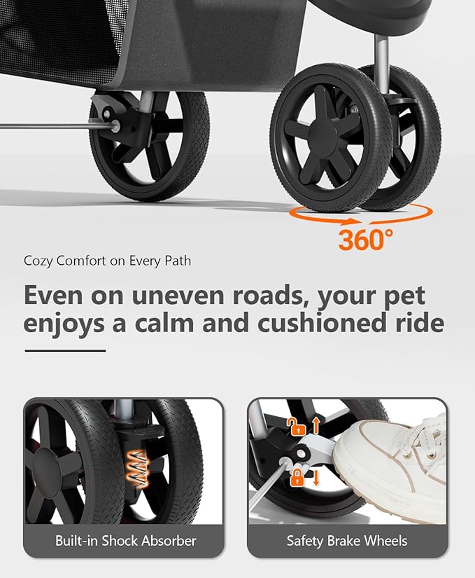 Pet Stroller with 3 Wheels for Small/Medium Pets, Portable Travel Foldable Carrier Jogger for Dog Cat Puppy Kitty, Rear Wheel Breaks, Storage Basket, Visible Mesh with Weather Cover (Black)