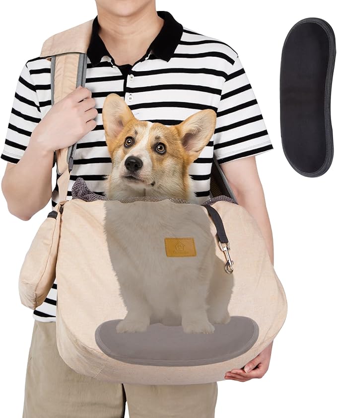 Ownpets Pet Sling Carrier, Fits 15 to 25lbs Extra-Large Dog/Cat Sling Carrier Reversible and Hands-Free Dog Bag with Adjustable Strap and Pocket Shoulder Pad, Beige
