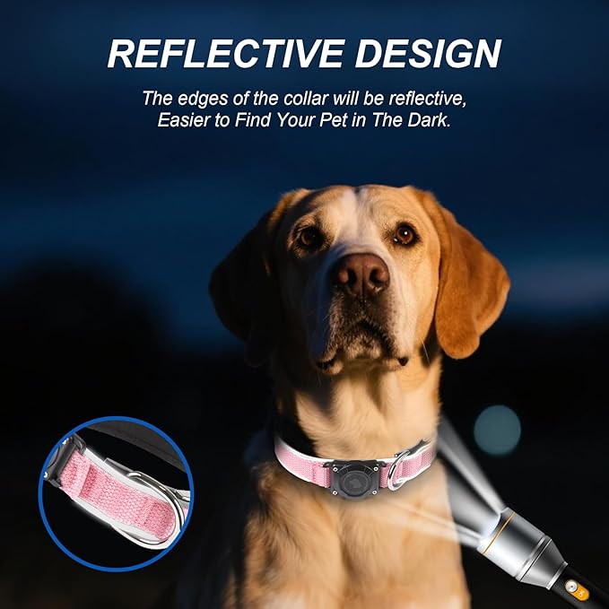 Waterproof Airtag Dog Collar - Nylon Collar with Durable Airtag Holder, Reflective&Anti-Lost with Safety Metal Buckle, Soft Padded Adjustable for Small Medium Large Dogs Pink L