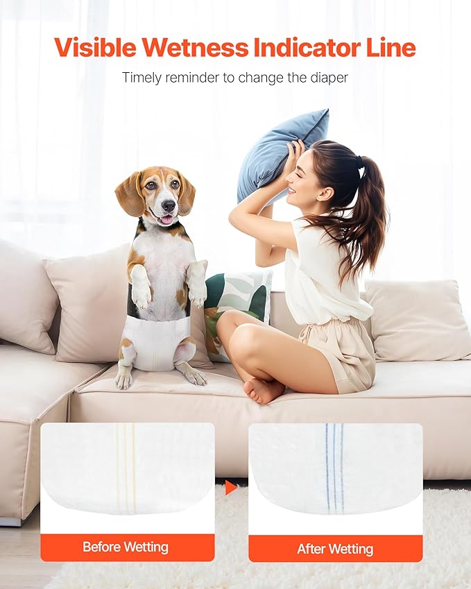 VEVOR Disposable Dog Diapers, Super Absorbent Female Dog Diapers, 360° Leak-Proof Female Doggy Pet Diaper with Wetness Indicator for Heat Period, Training, Incontinence - S, 144 Count (2 Packs of 72)