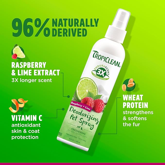 TropiClean Dog Perfume, Long Lasting Raspberry Lime Cologne, Deodorizing Spray for Smelly Dogs, After Bath Detangling Spray, Safe for Cats, 8oz.