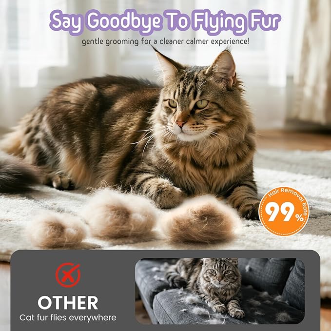 Self Cleaning Slicker Brush, 2-in-1 Cat Brush for Shedding, Skin Friendly Grooming Tool for Long & Medium-Long Hair Pets, Adjustable Bristle Length with Dematting Comb for Cats, Dogs (Purple)