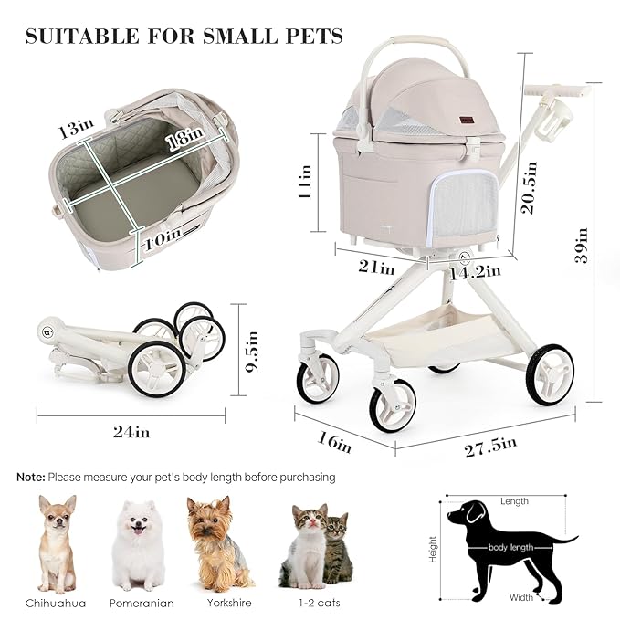 TT Lightweight Pet Stroller for Small Dogs & Cats - 4-Way Installation Carrier, One-Hand Fold, 180° Canopy Cover & Adjustable Handle (Beige)