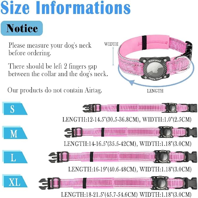 Upgraded AirTag Dog Collar, IP68 Waterproof Dog Collar with Apple Air Tag Holder, Reflective Adjustable Heavy Duty Dog Collars with Soft Padded for Small, Medium and Large Dogs,Pink, XL