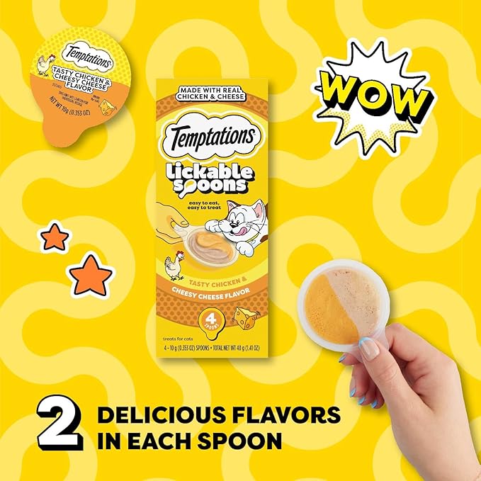 Temptations Lickable Spoons Adult Wet Cat Treat, Tasty Chicken and Cheesy Cheese Flavor, 4 Spoons, Pack of 24 (96 Total)