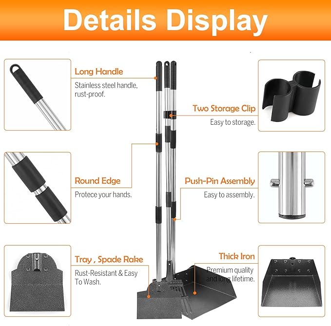 Dog Pooper Scooper, Adjustable Handle Poop Scooper with Tray,Rake and Spade Set of 3, Steel Stainless Poop Scoop for Medium Large Dogs and Pet Waste on Grass, Dirt and Gravel (Large Size)