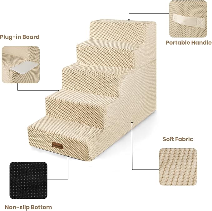Dog Stairs for High Bed 22.6" H,5-Step Dog Steps for Small Dogs and Cats,Indoor Non-Slip Balanced Pet Stairs are Suitable for Puppy,Older Cat,Beige